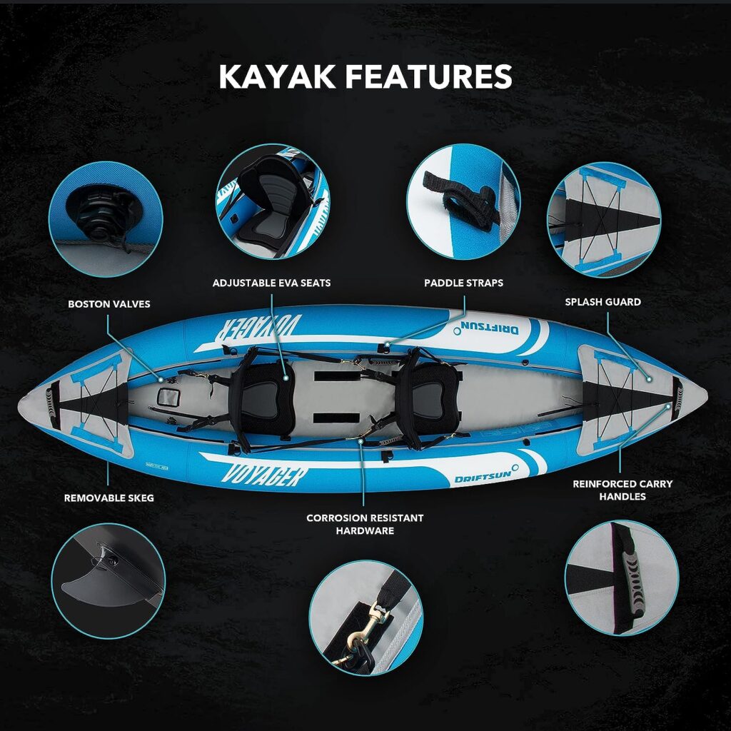 Driftsun Voyager Inflatable Kayak - 2 Person Tandem Inflatable Kayak, Includes 2 Aluminum Paddles, 2 Padded Seats, Double Action Pump and Travel Backpack