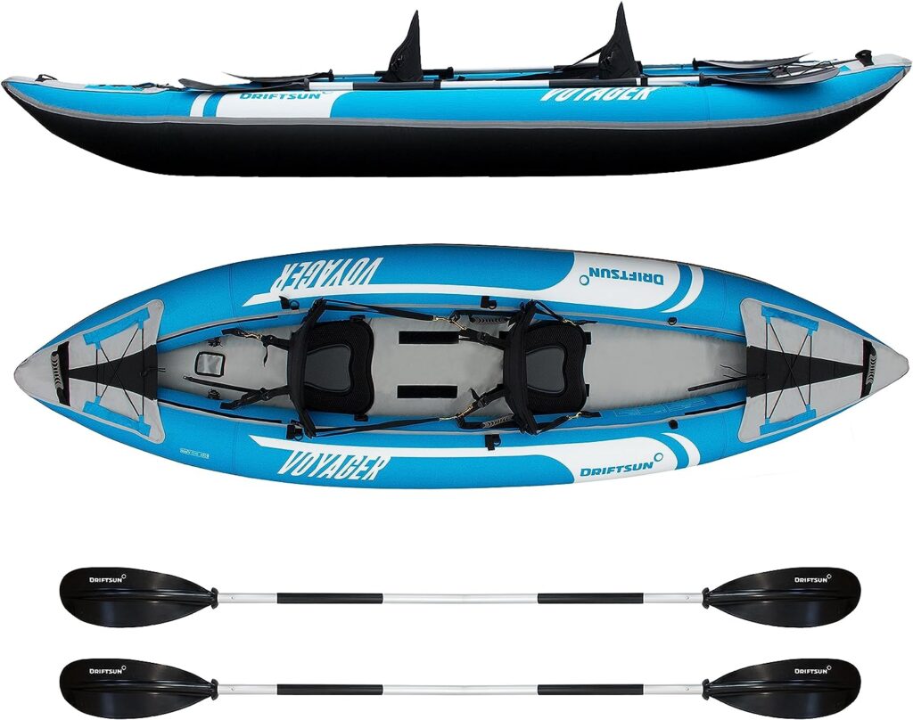 Driftsun Voyager Inflatable Kayak - 2 Person Tandem Inflatable Kayak, Includes 2 Aluminum Paddles, 2 Padded Seats, Double Action Pump and Travel Backpack