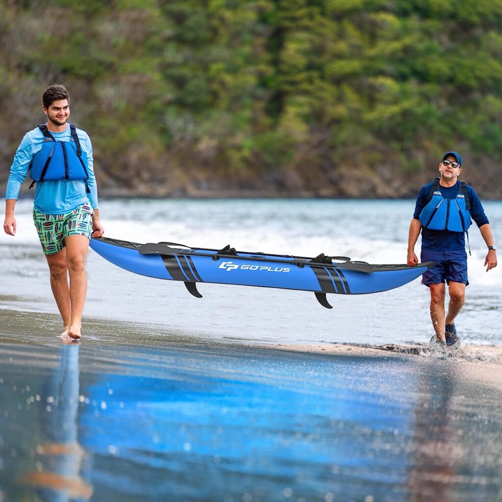 Goplus Inflatable Kayak, 2-Person Kayak Set for Adults with 507 LBS Weight Capacity, 2 Aluminium Oars, EVA Padded Seat, 2 Fins, Hand Pump, Carry Bag, Repair Kit, Portable Touring Kayaks