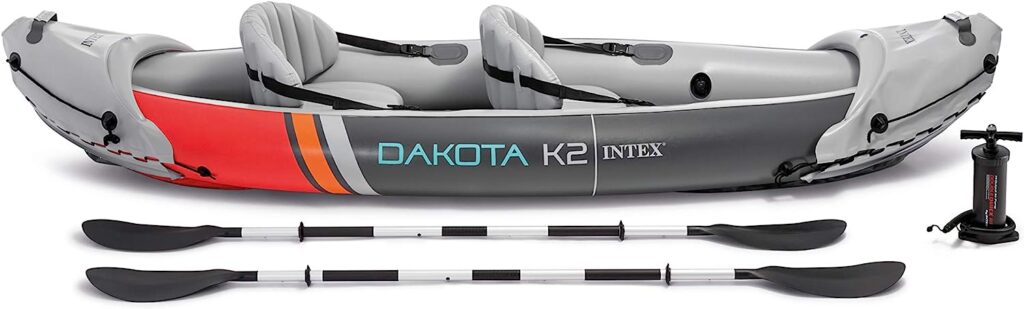 Intex 68310VM Dakota K2 2-Person Heavy-Duty Vinyl Inflatable Kayak with 86-Inch Oars and Air Pump, Gray  Red