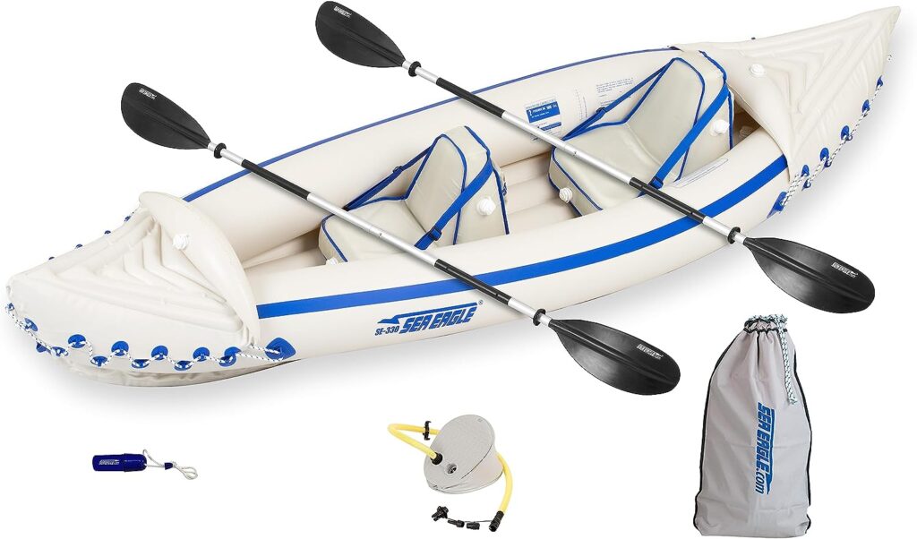 Sea Eagle SE330 Two Person Inflatable Sport Kayak Boat with Seats, Paddles, Bag and Pump-Affordable-Lightweight-Portable
