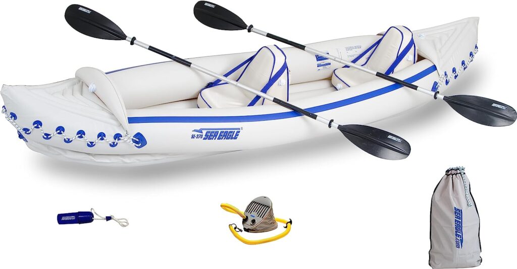 Sea Eagle SE370 Inflatable Sports Kayak -1-3 Person-Portable Stowable  Lightweight-with Seat(s), Paddle(s), Pump and Bag