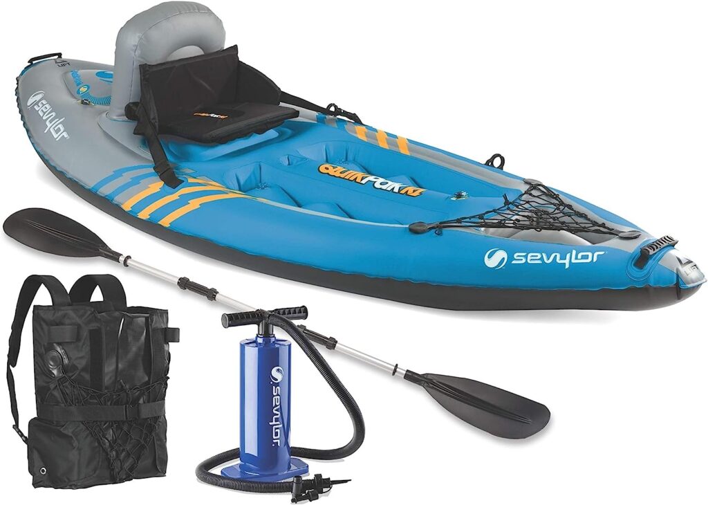 Sevylor QuickPak K1 1-Person Inflatable Kayak, Kayak Folds into Backpack with 5-Minute Setup, 21-Gauge PVC Construction; Hand Pump  Paddle Included