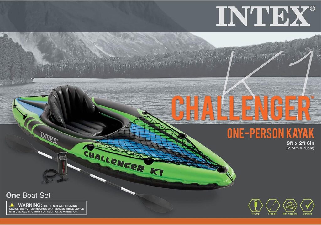 Intex Challenger K1 1 Person Durable Vinyl Streamline Sporty Kayak with Inflatable Seat and Backrest, Oar, Pump, Carrying Bag, and Repair Kit (2 Pack)