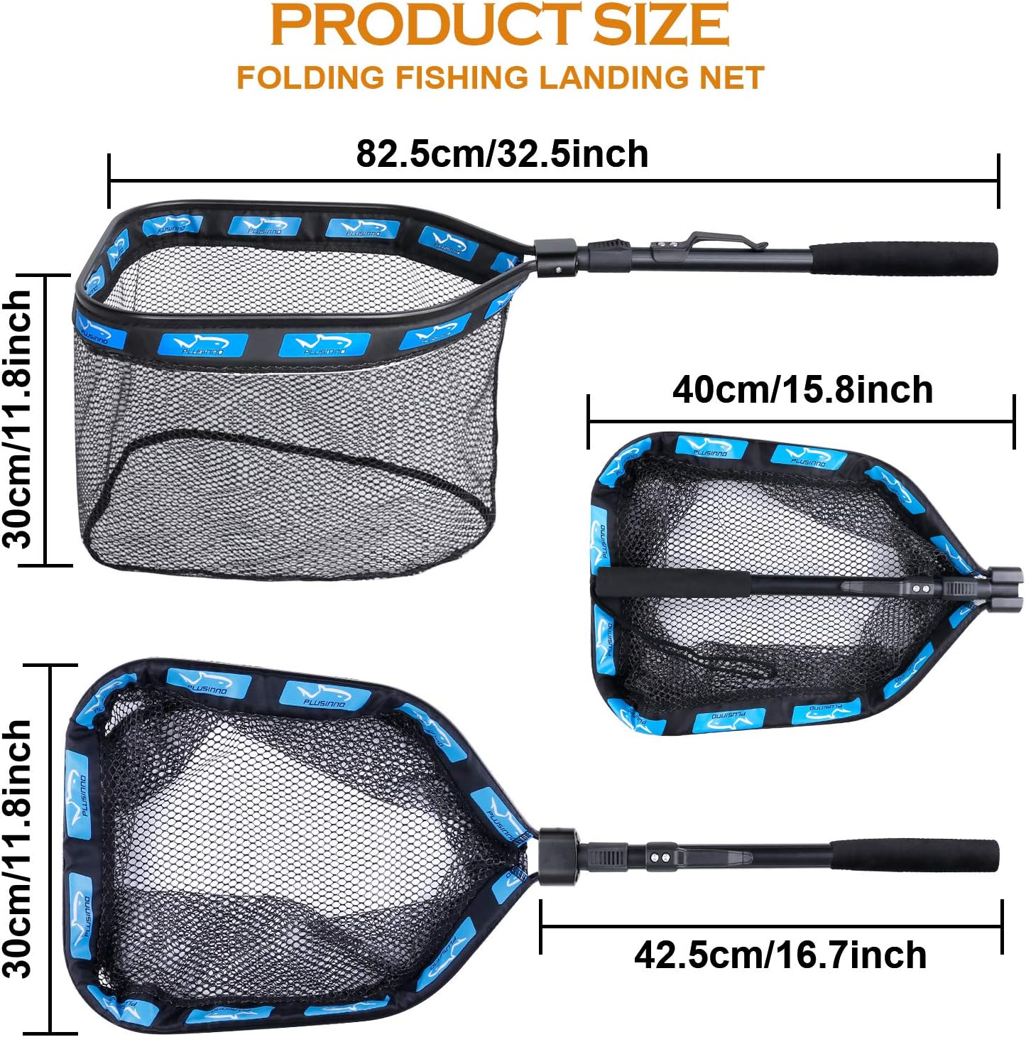 PLUSINNO Floating Fishing Net for Steelhead, Salmon, Fly, Kayak, Catfish, Bass, Trout Fishing, Rubber Coated Landing Net for Easy Catch  Release, Compact  Foldable for Easy Transportation  Storage-VB